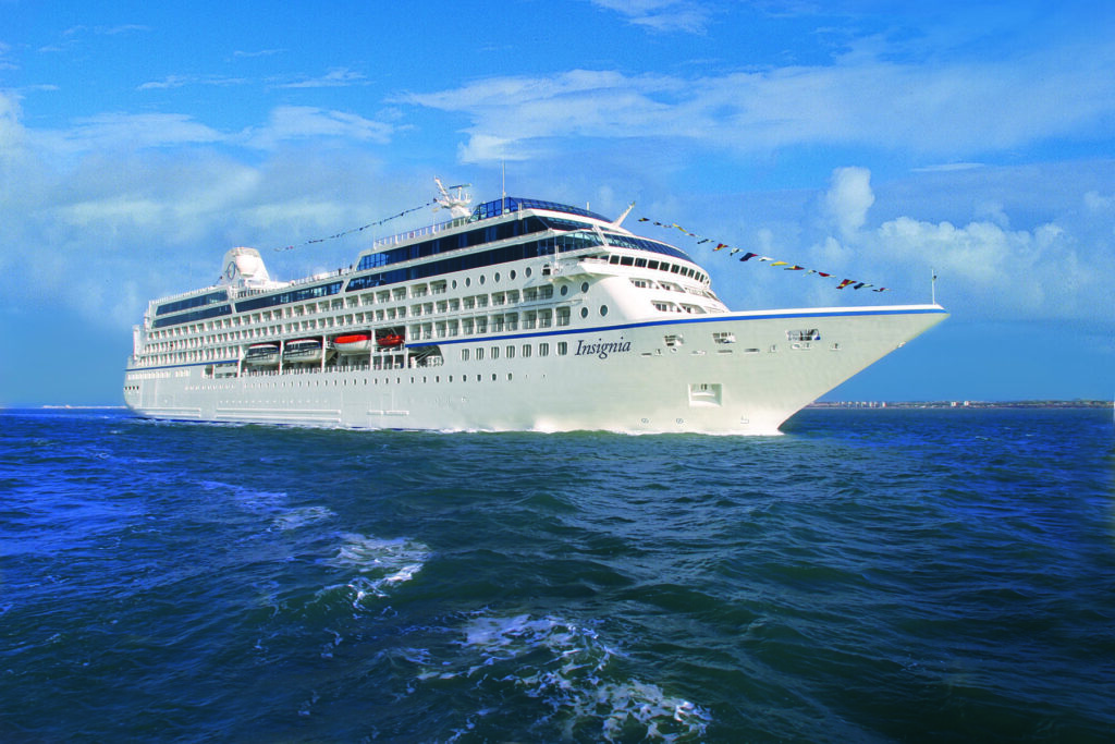 Oceania Insignia cruise ship on open water taken from the front and down low